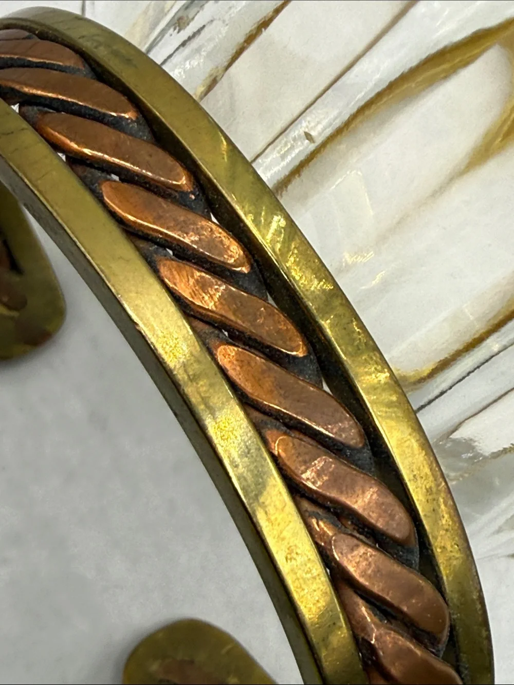 Vintage Two-Tone Braided Metal Cuff Bracelet - Copper & Brass thick heavy piece
